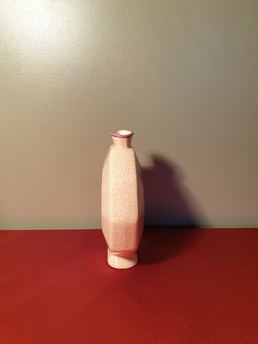 Longwy Pink Cracked Ceramic Vase With Art Deco Floral Decor-photo-3