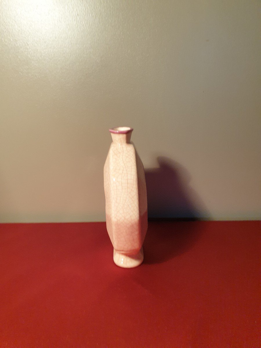 Longwy Pink Cracked Ceramic Vase With Art Deco Floral Decor-photo-4