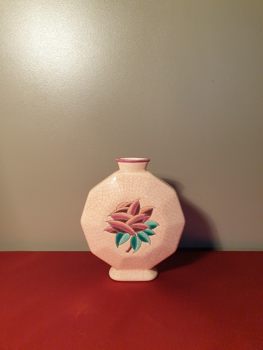 Longwy Vase En Céramique Craquelée Rose à Décor Floral Art Déco