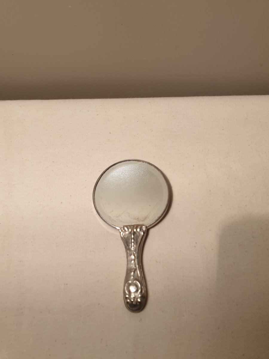 Very Small Rocaille Style Hand Face Mirror In Silver Metal-photo-1