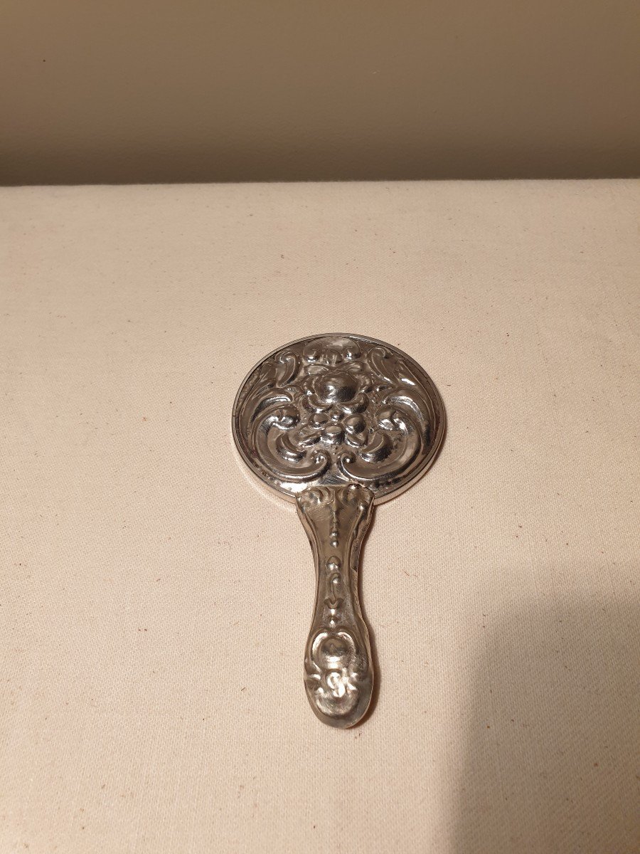 Very Small Rocaille Style Hand Face Mirror In Silver Metal