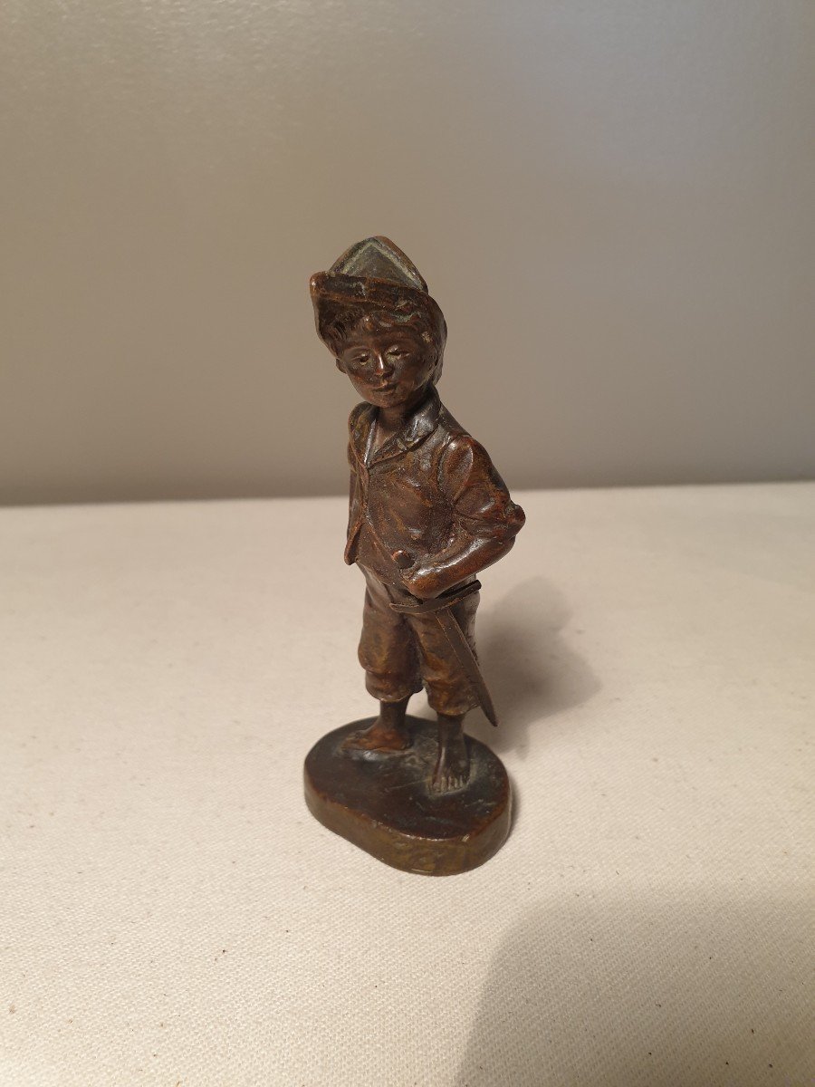 Bronze Statuette Little Boy With A Sword Patina Medal