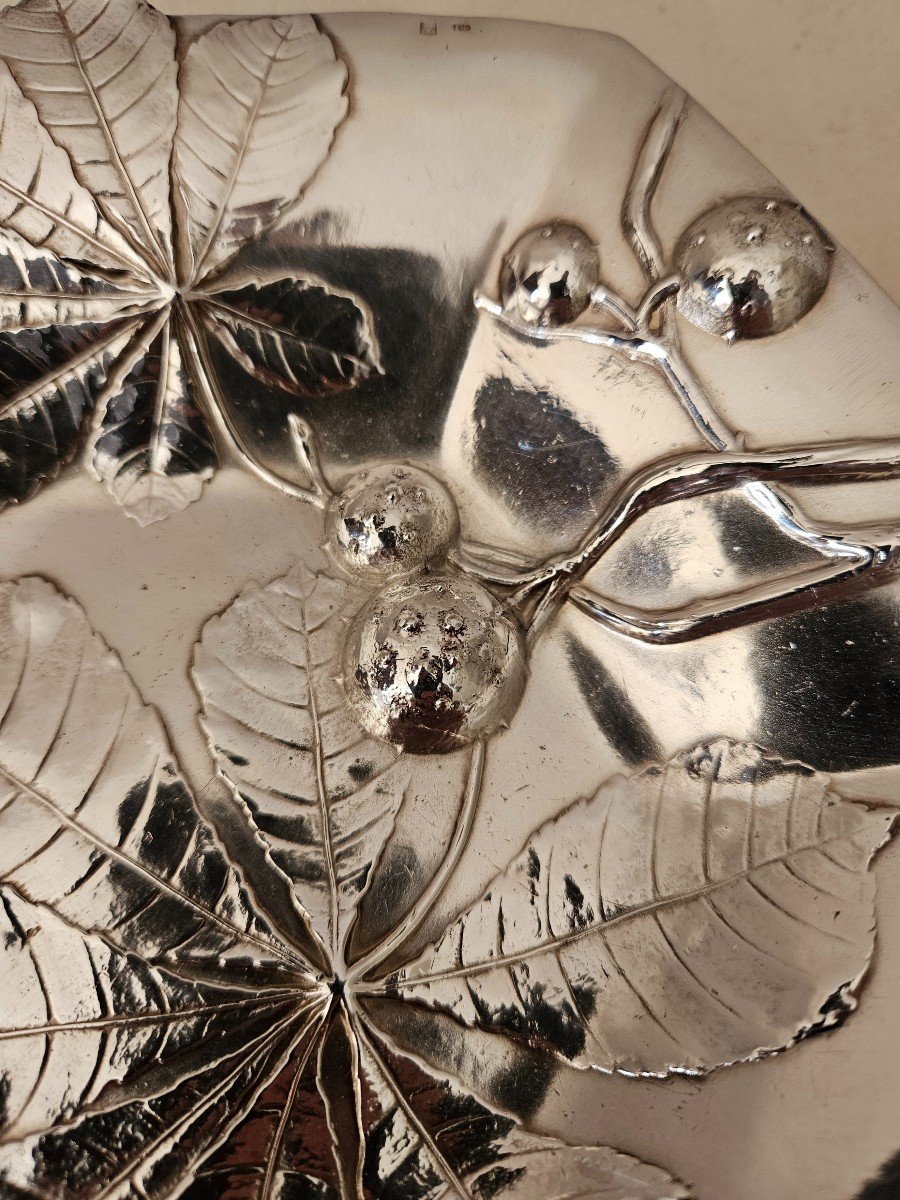 Small Hexagonal Dish Or Empty Pocket In Silver Metal Wmf. Decorated With Leaves And Fruits.-photo-4