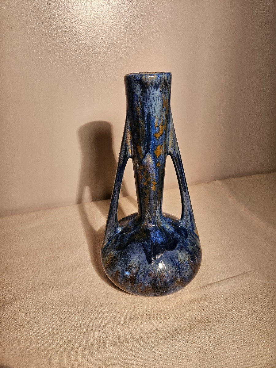 Pierrefonds Vase En Grès émaillé Art Déco Dominante Bleue