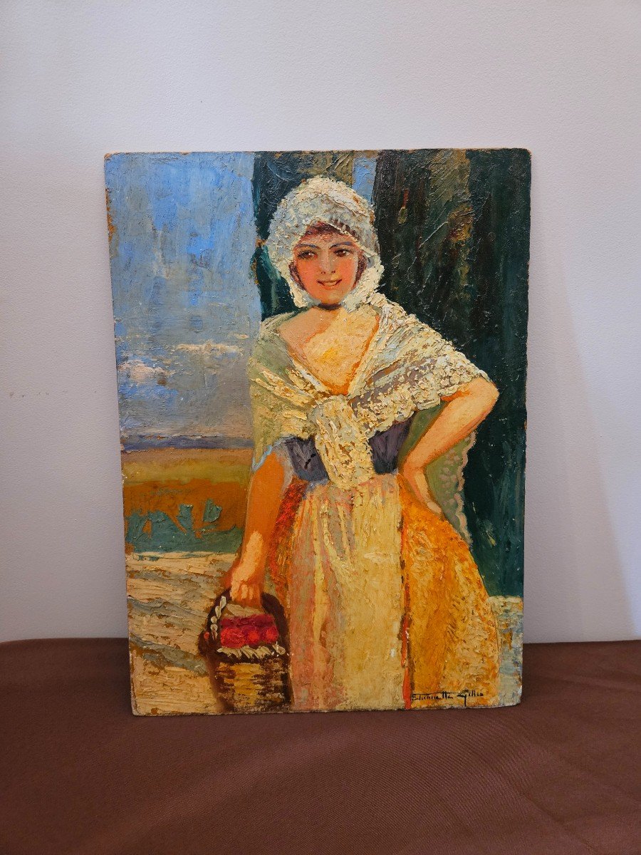 Etiennette Gilles Oil On Panel. Woman In Provencal Costume