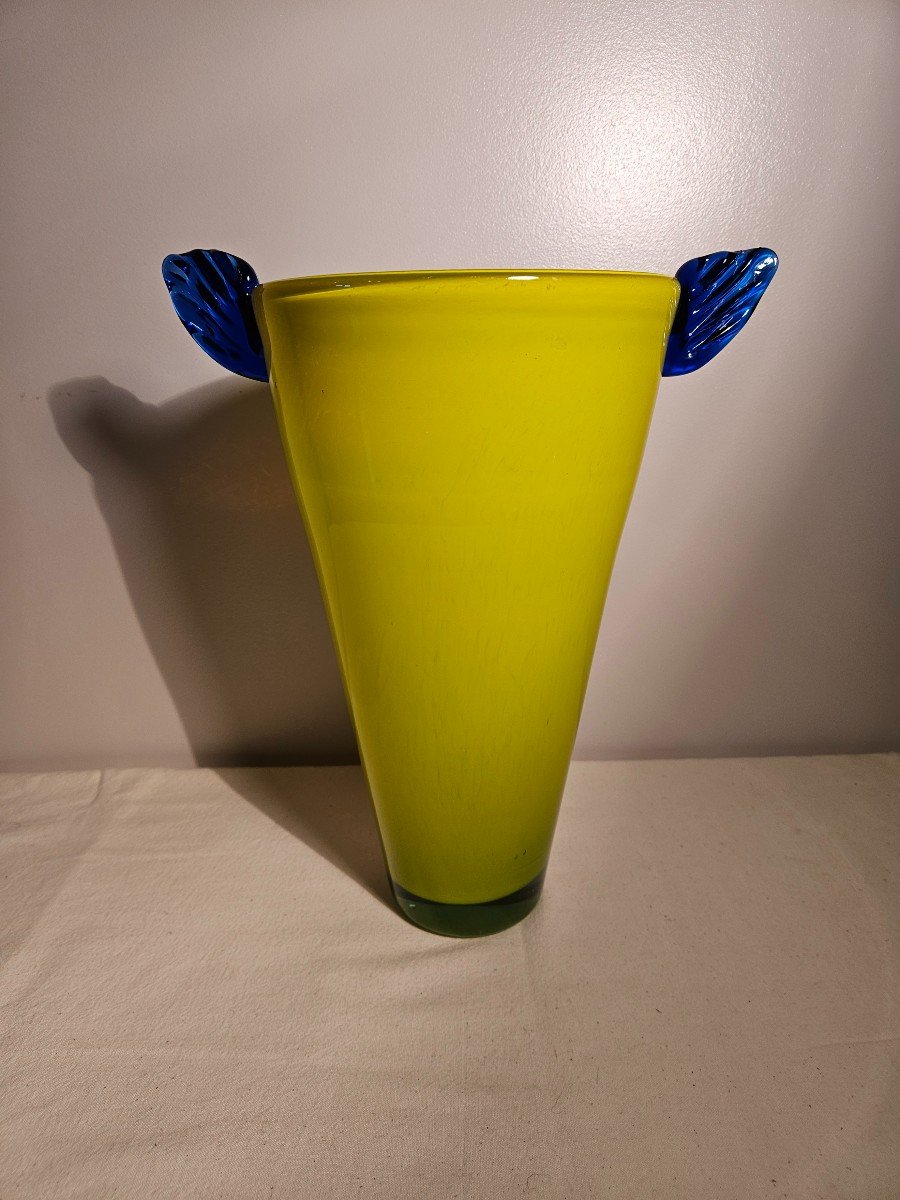 Large Conical Vase In Yellow Glass With Blue Handles Murano Or Czech Height 36 Cm