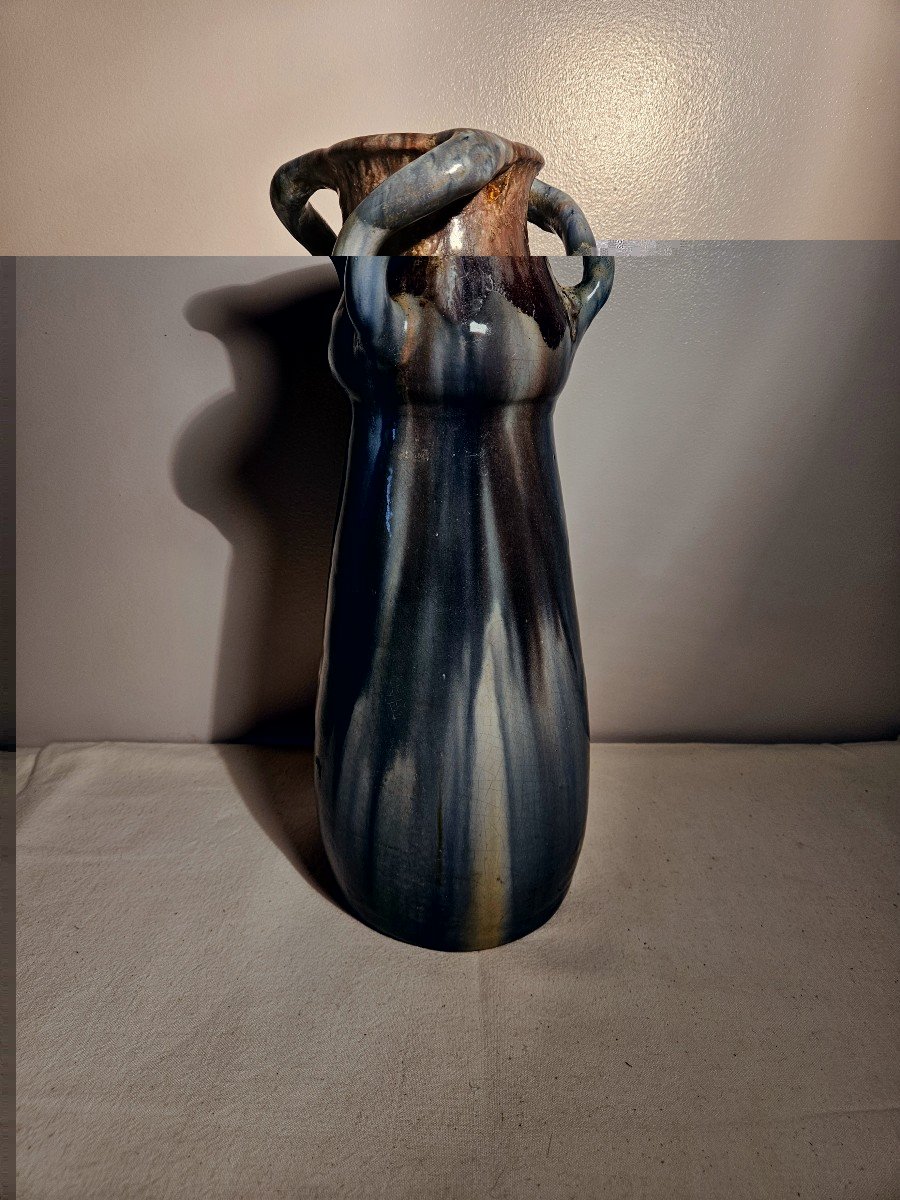 Grand Vase En Grès émaillés Belgique Ou France Tons à Dominantes Bleues  Hauteur 38.5 Cm-photo-1