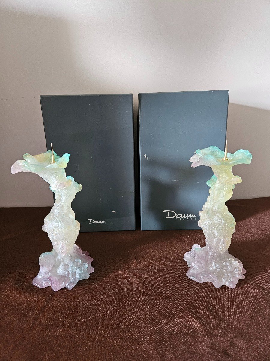 Daum France Two Candlesticks Model Bacchus With Their Box Height 22 Cm-photo-8