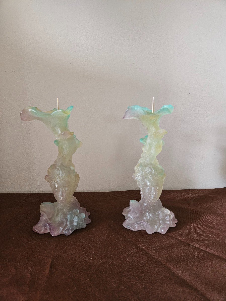 Daum France Two Candlesticks Model Bacchus With Their Box Height 22 Cm