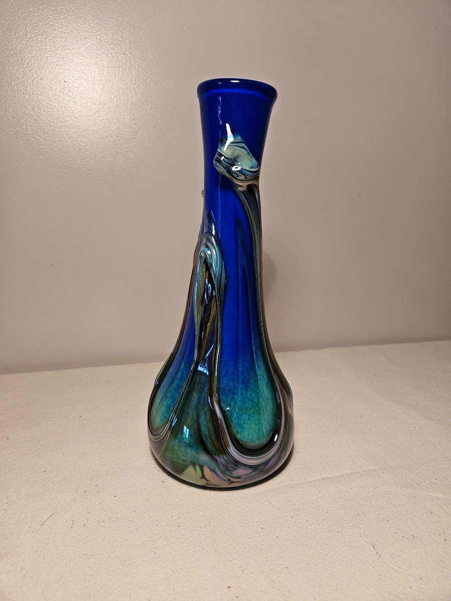 Vase En Verre Marcel Saba Irisé à Dominante Bleue Hauteur 26.7 Cm-photo-5