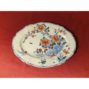 Gien Oval Dish Decor Of Rooster And Peonies Early 20th Century.