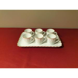 Limoges Six Tasses à Moka Blanches Côtes Torses Avec Leur Plateau 