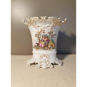 Grand Vase De Mariée En Porcelaine De Paris 19ème Décor De Scène Galante Et De Paysage Ht 25cm