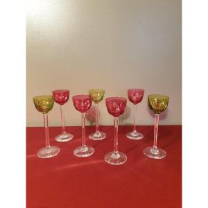 Seven Red And Green Crystal Shot Glasses