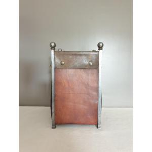 Adnet Or Jansen Style. Wrought Iron And Leather Wastebasket.