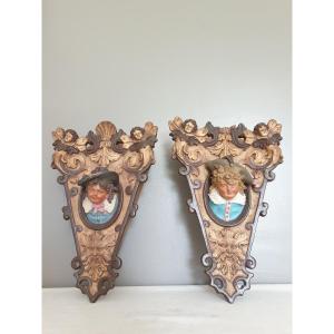 Pair Of Ceramic Wall Flowerpots In The Dutch Taste, Netherlands. Children's Heads