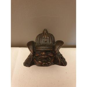 Bronze Inkwell Samurai Head. Height 7 Cm