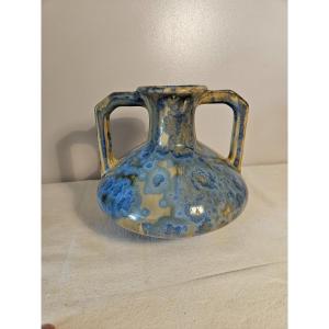 Pierrefonds. Art Deco Enameled Stoneware Vase With Two Geometric Handles