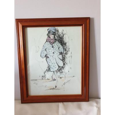 Albert Gusset 20th Original Drawing "winter Mode"