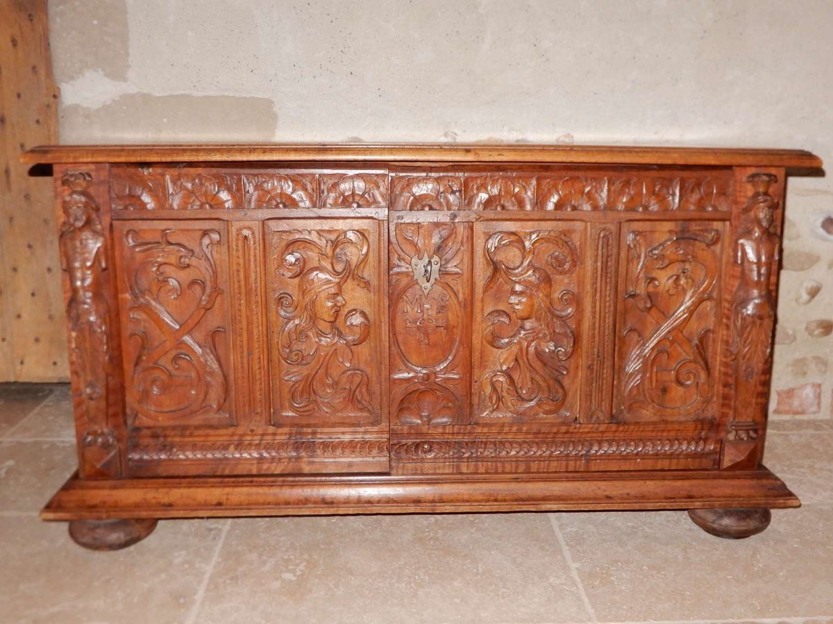 Carved Walnut Chest From XVII Eme