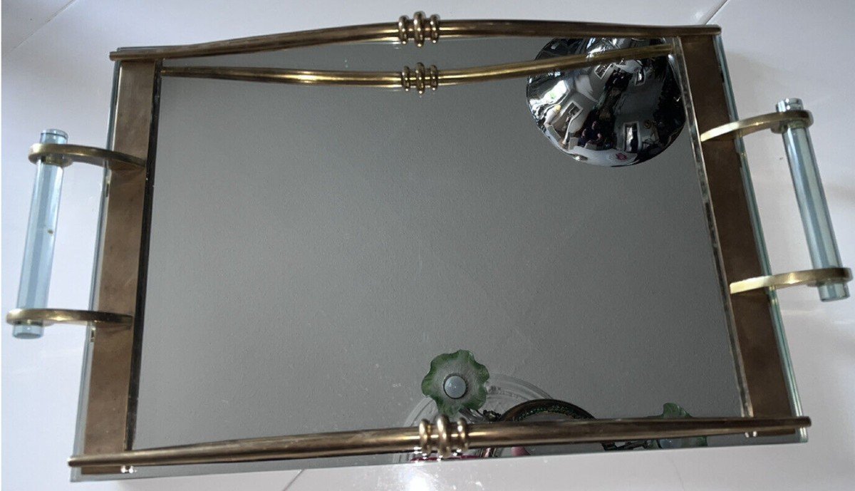 Prou René (1889-1947) Serving Tray In Gilt Bronze And Mirror Art Deco Period-photo-3