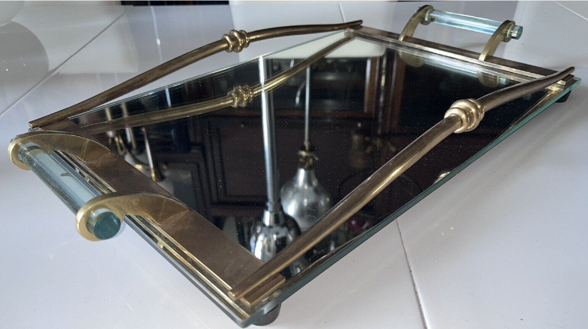 Prou René (1889-1947) Serving Tray In Gilt Bronze And Mirror Art Deco Period