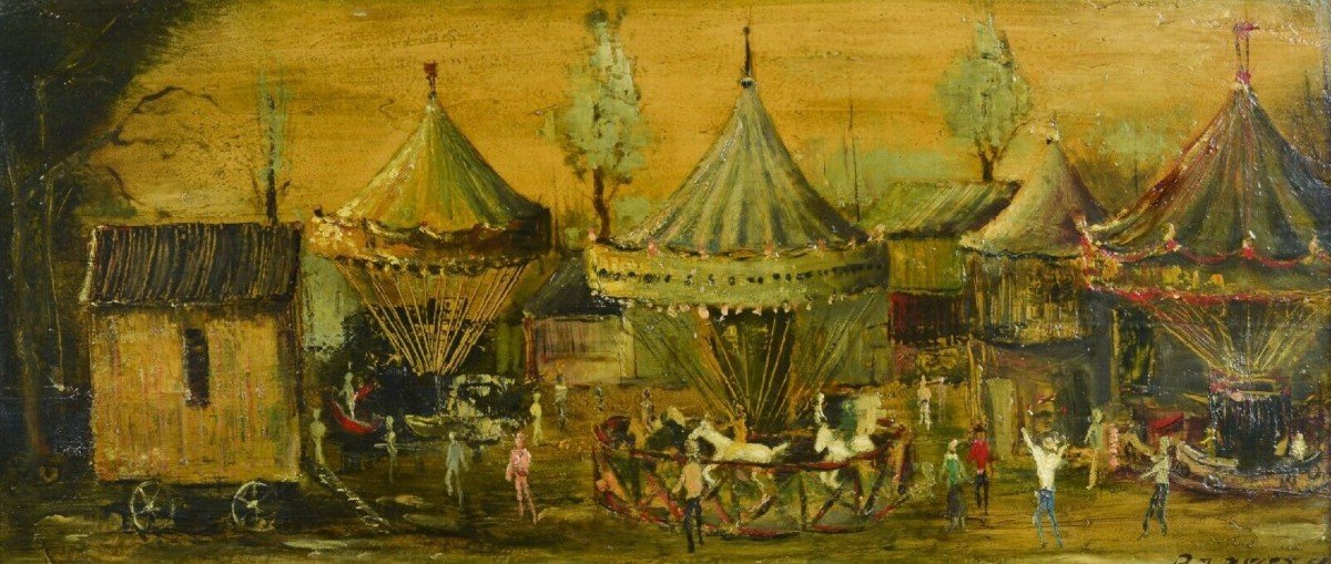 Bizet Jean (1922-2015) The Fairground - Oil On Panel Signed Lower Right