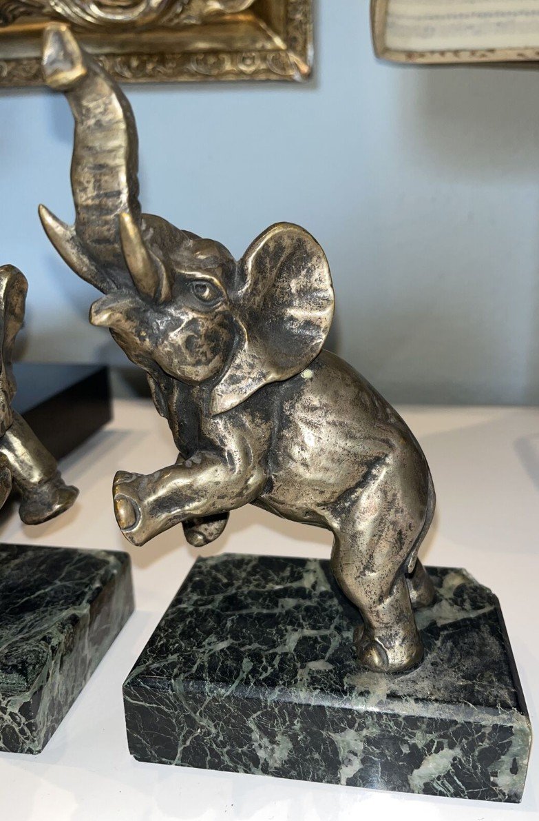 Louis Fontinelle (1886-1964) Pair Of Bookends With Elephants In Bronze On Marble Signed-photo-3