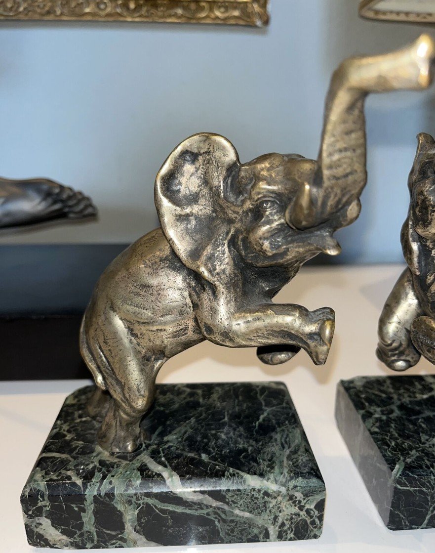 Louis Fontinelle (1886-1964) Pair Of Bookends With Elephants In Bronze On Marble Signed-photo-4