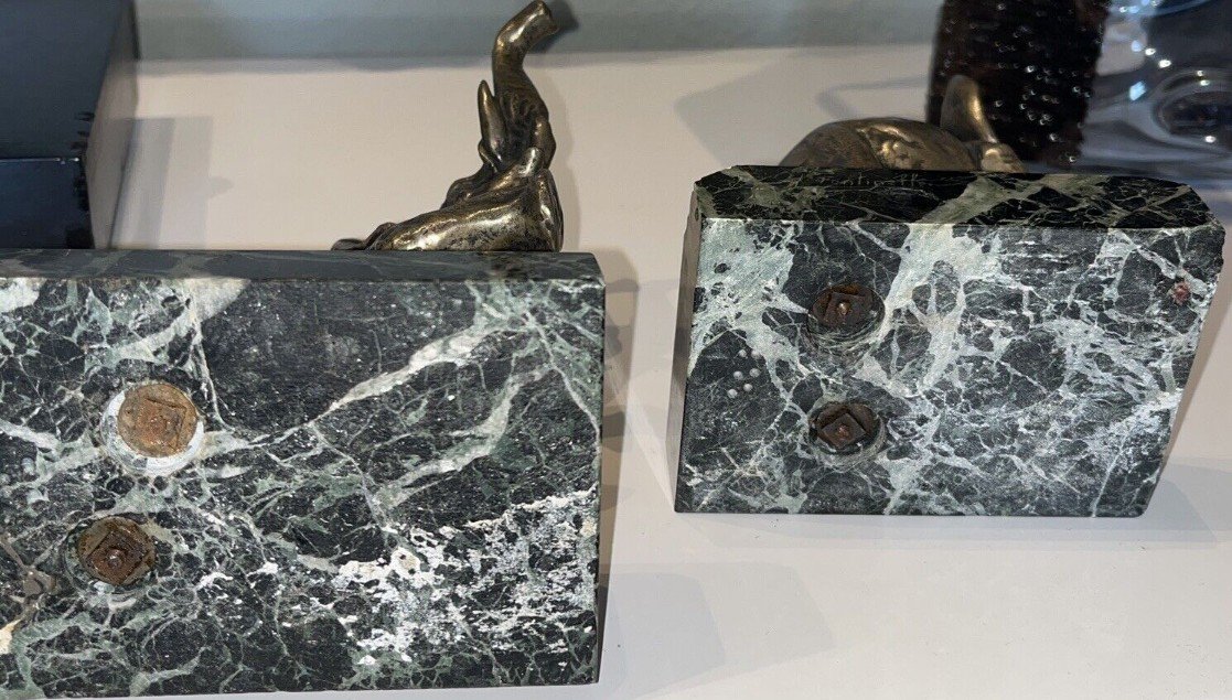 Louis Fontinelle (1886-1964) Pair Of Bookends With Elephants In Bronze On Marble Signed-photo-2