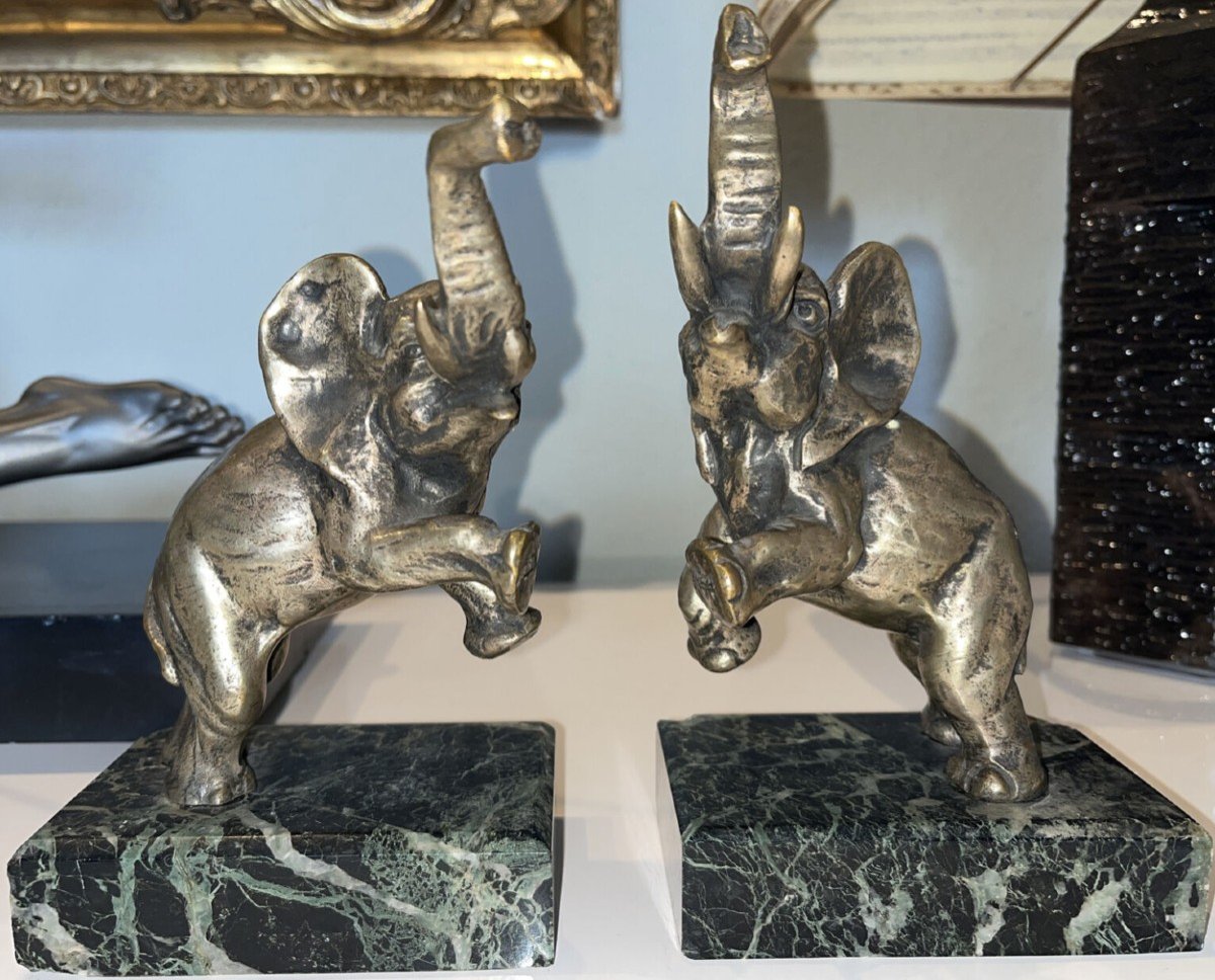 Louis Fontinelle (1886-1964) Pair Of Bookends With Elephants In Bronze On Marble Signed