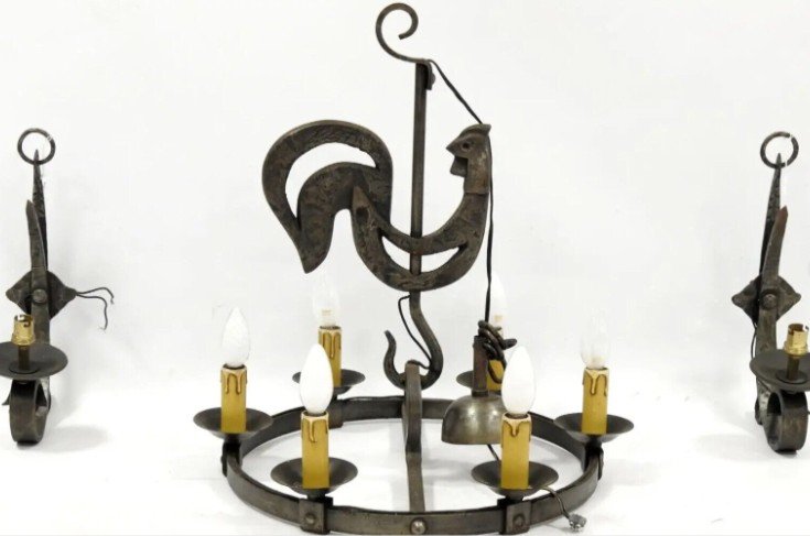 Artisans De Marolles Rooster Wrought Iron Chandelier And Sconces Set