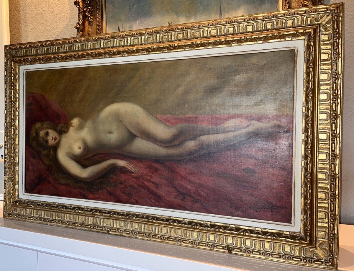 Cardinal Emile Valentin (1883-1958) "reclining Nude" Large Oil On Canvas Framed Signed-photo-2
