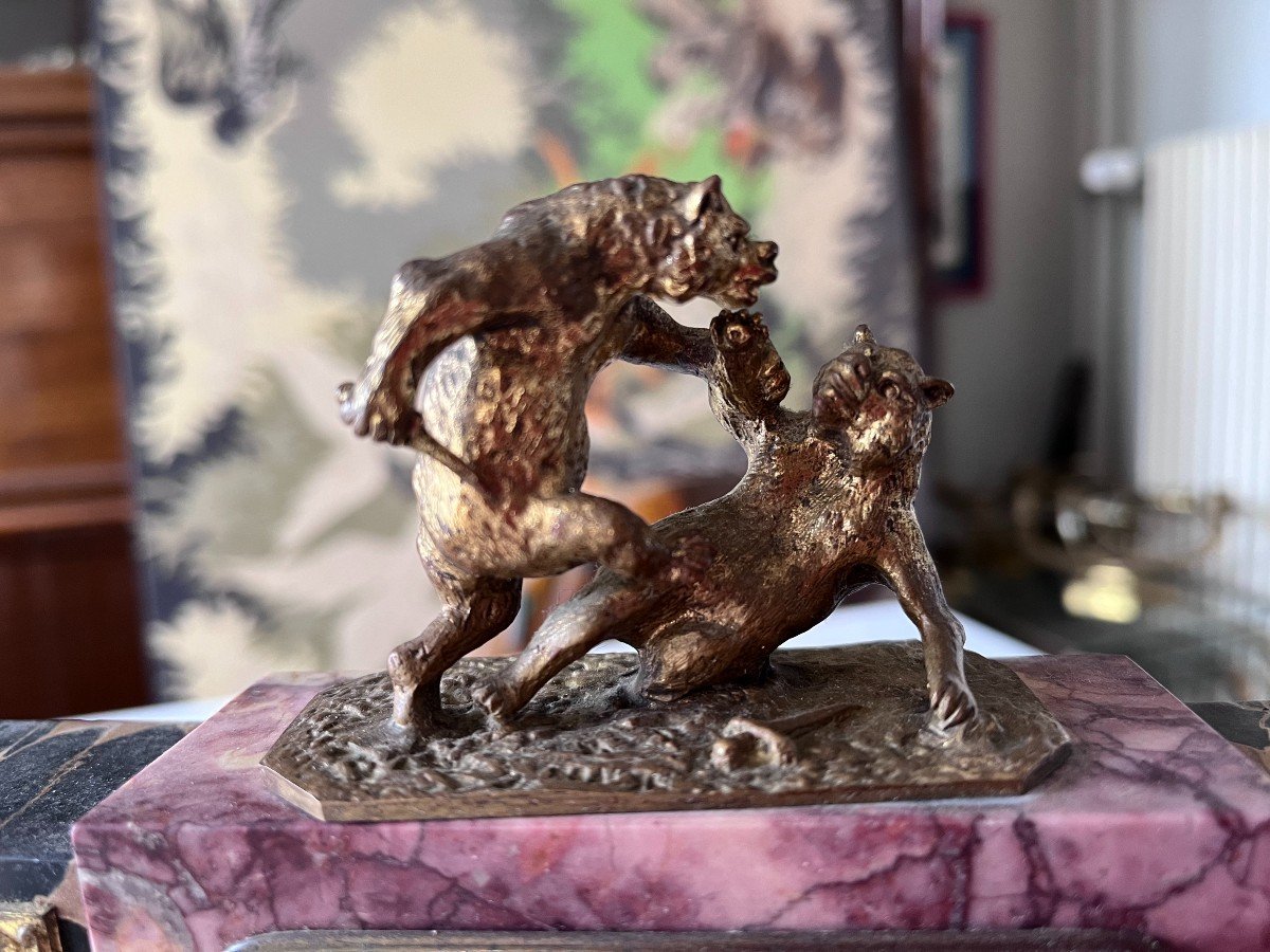 Fratin (1801-1864) & Dep Art Deco Clock In Bronze And Marble Bear Fight With Dagger-photo-4