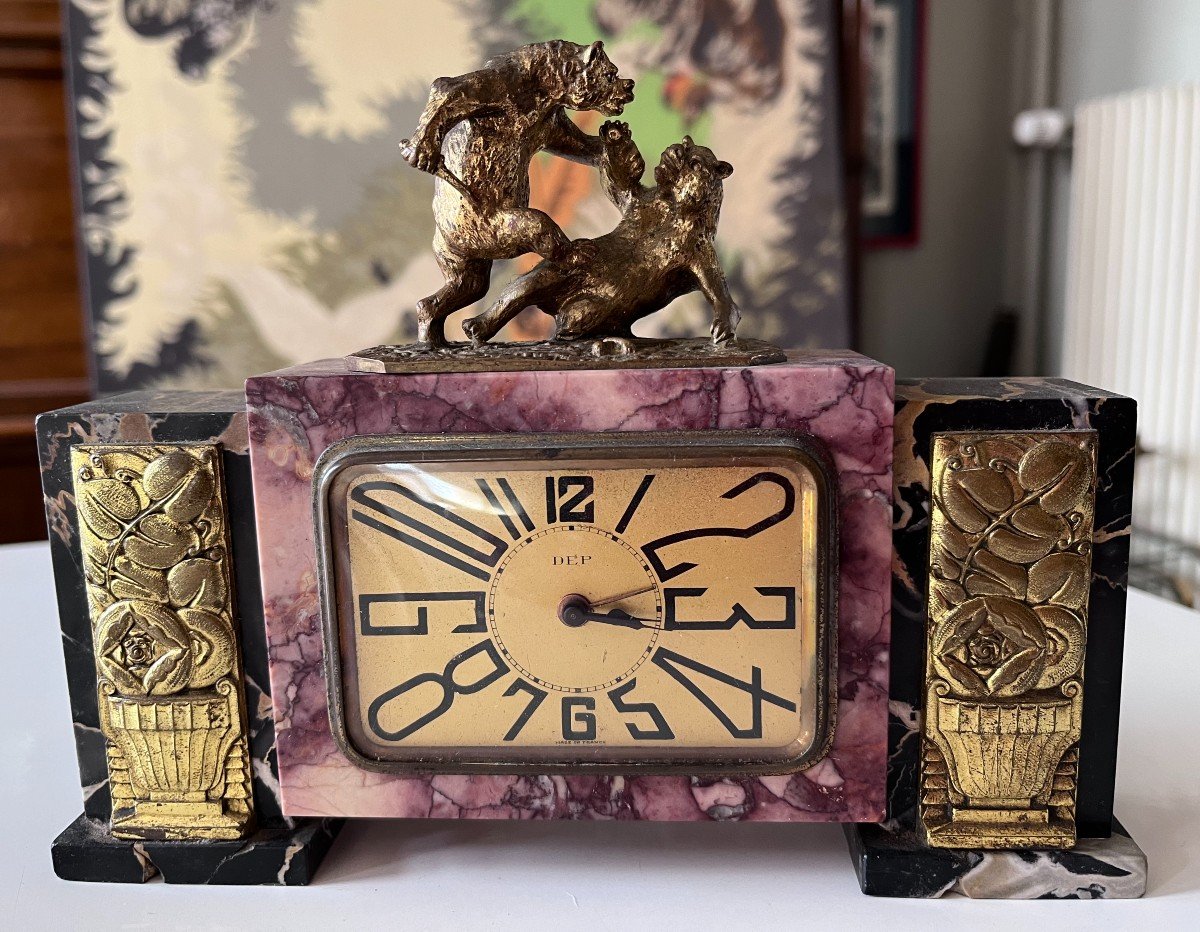 Fratin (1801-1864) & Dep Art Deco Clock In Bronze And Marble Bear Fight With Dagger