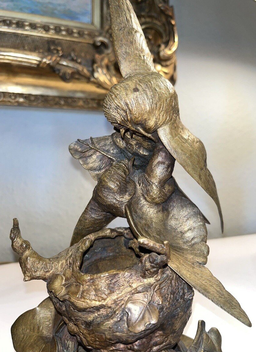 Cain Auguste (1821-1894) Gilt Bronze Group "bird Fight" Signed-photo-5