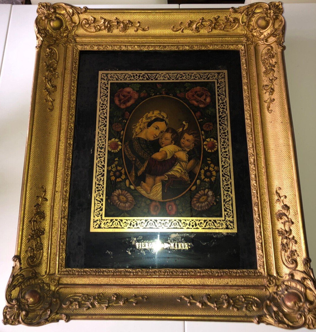 Grand Fixé Sous Verre Religieux " Vierge Marie"  Encadrement En Stuc Doré 58x48 Cm-photo-3