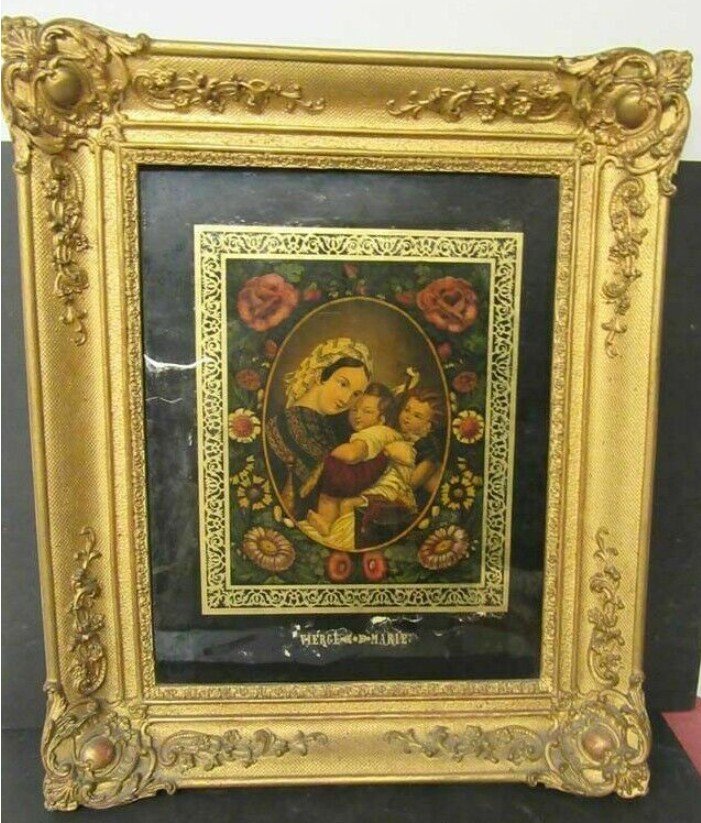 Grand Fixé Sous Verre Religieux " Vierge Marie"  Encadrement En Stuc Doré 58x48 Cm-photo-1