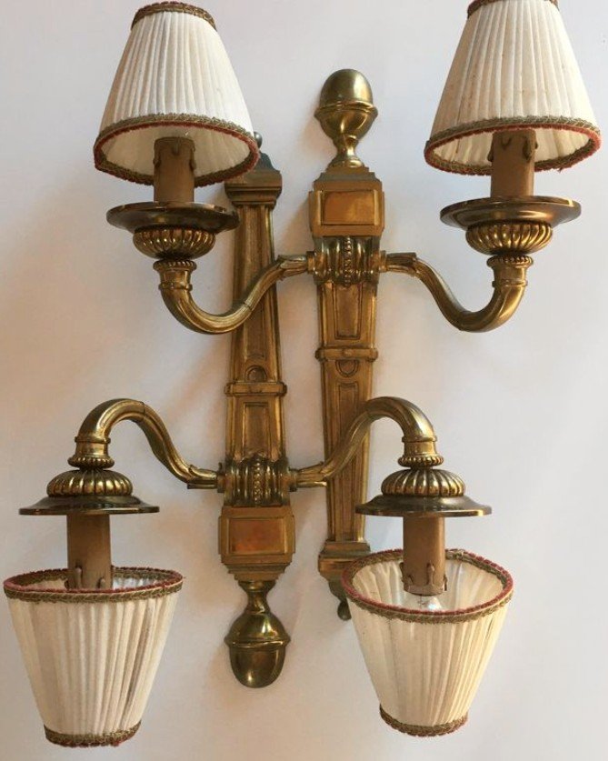 Maison Charles  Pair Of Sconces Model Pilaster Godrons In Gilt Bronze With Two Arms Signed-photo-2