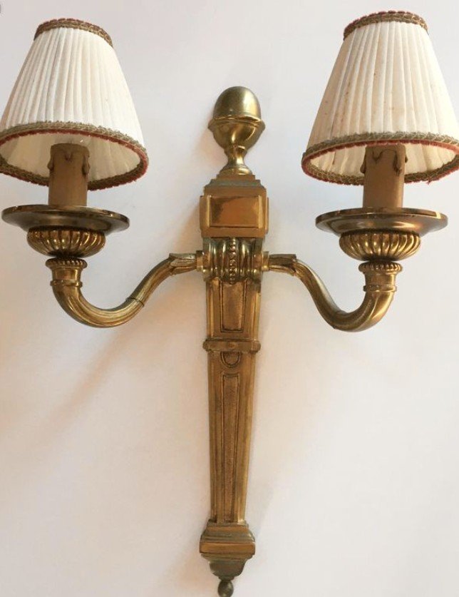 Maison Charles  Pair Of Sconces Model Pilaster Godrons In Gilt Bronze With Two Arms Signed-photo-3