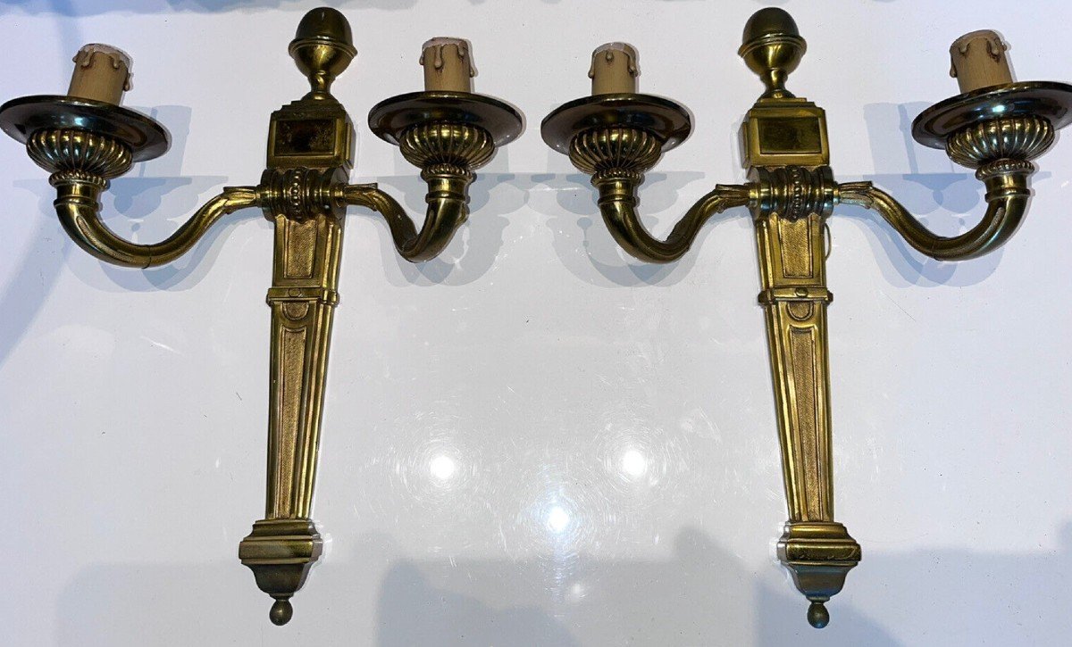 Maison Charles  Pair Of Sconces Model Pilaster Godrons In Gilt Bronze With Two Arms Signed-photo-3