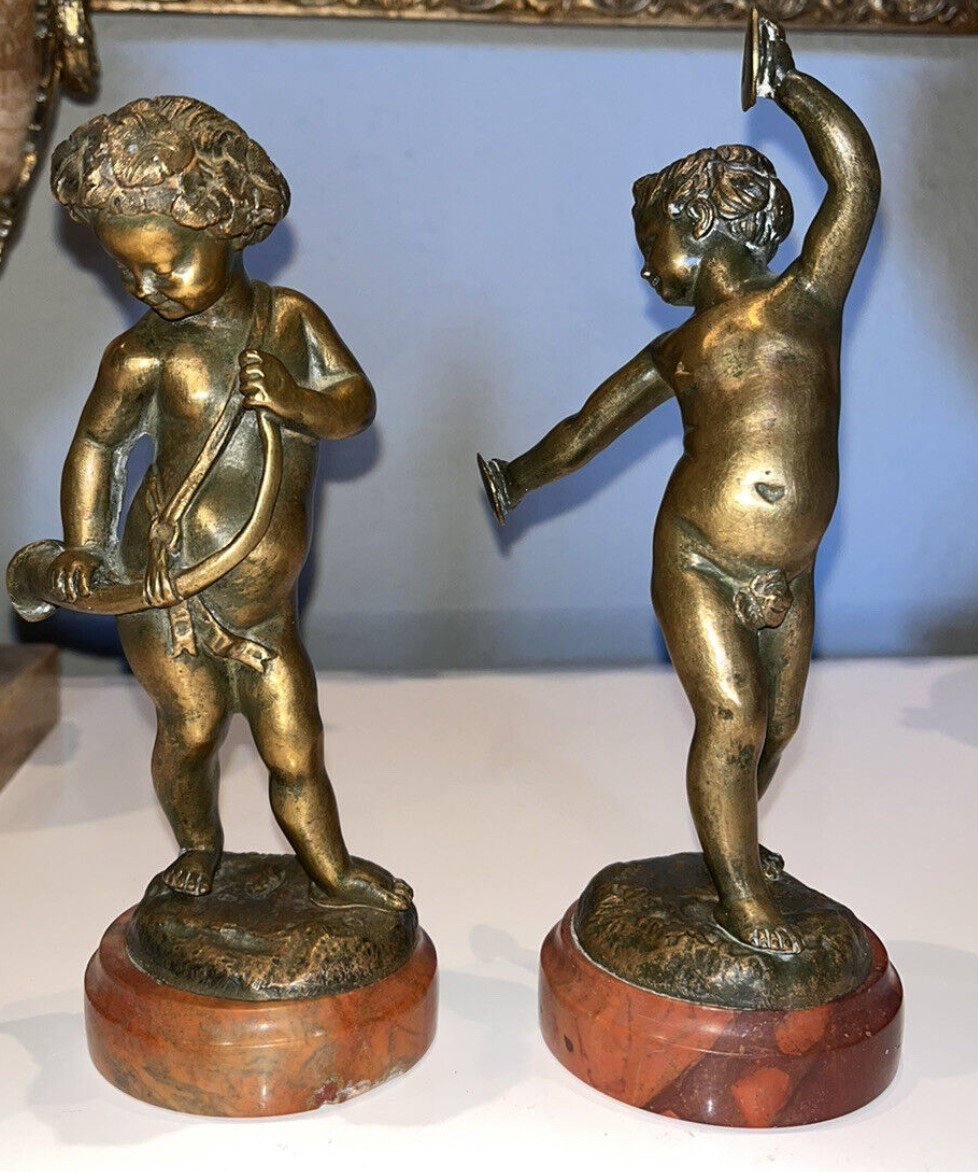 Clodion (1738-1814) Couple Of Musicians In Bronze On Marble Signed On The Base-photo-1