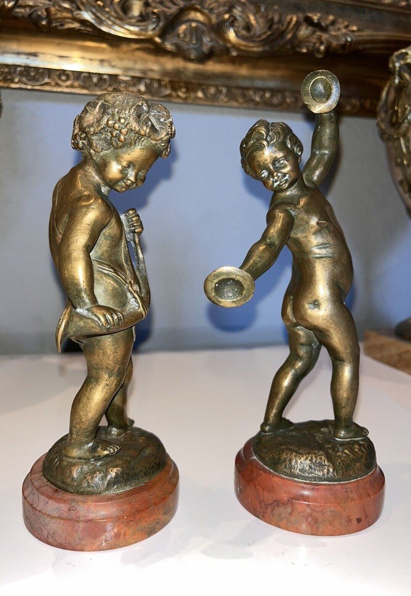 Clodion (1738-1814) Couple Of Musicians In Bronze On Marble Signed On The Base-photo-2