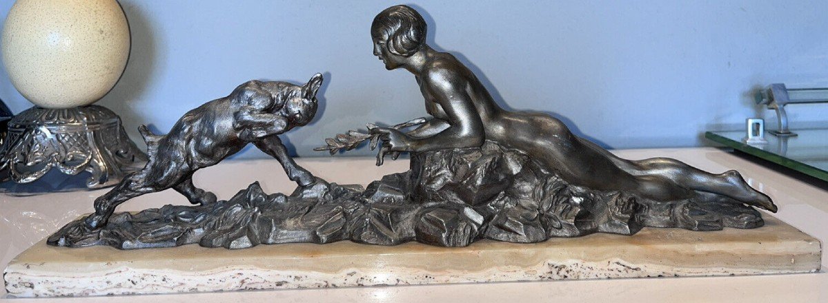 Limousin Jacques Important Art Deco Silver Regulate - The Young Woman And The Goat Signed