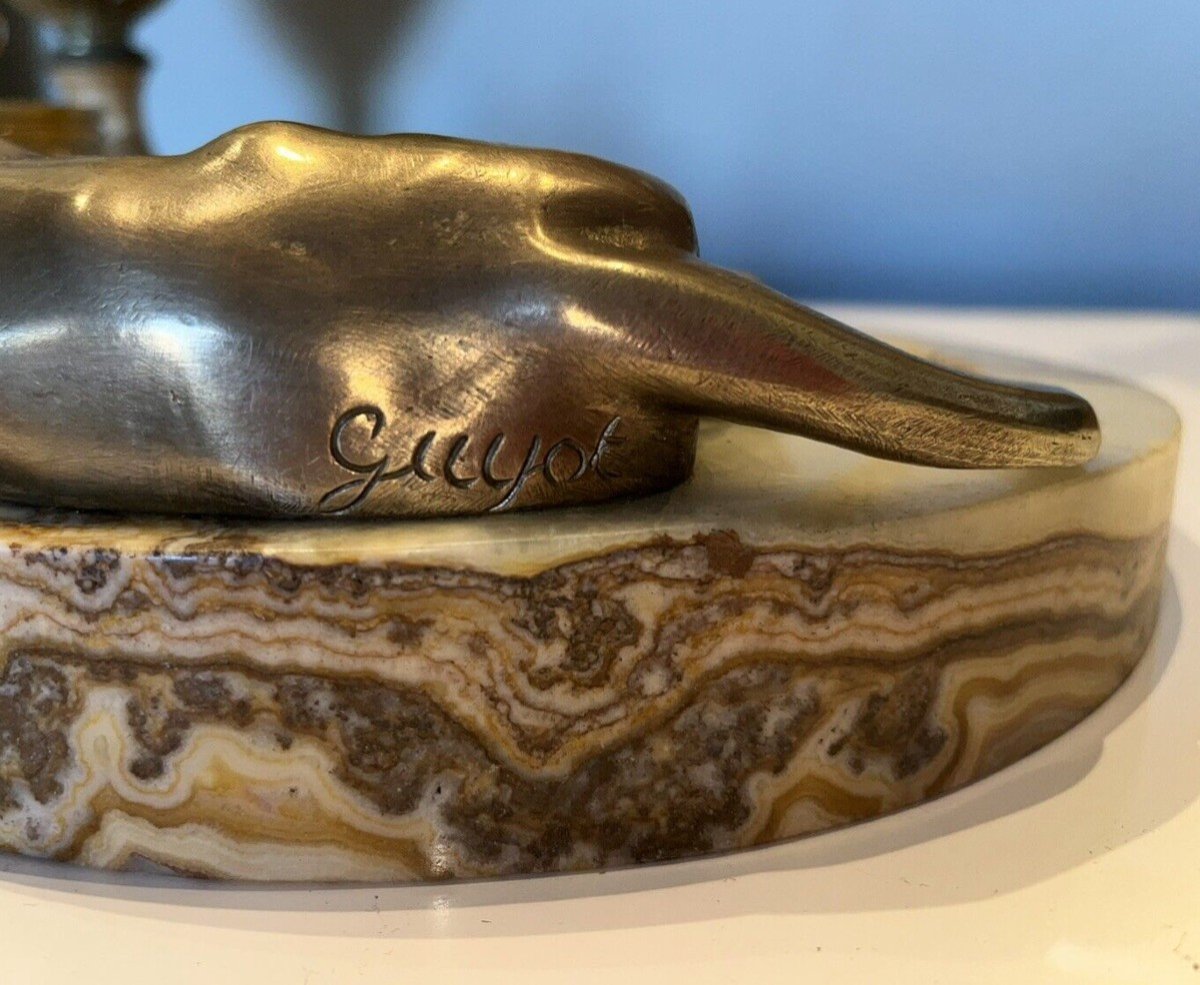 Georges Guyot (paris 1885-1973) "lioness At La Toilette" Bronze/marble Writing Desk Signed-photo-2