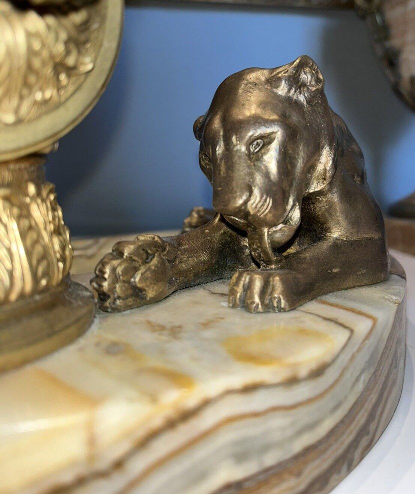 Georges Guyot (paris 1885-1973) "lioness At La Toilette" Bronze/marble Writing Desk Signed-photo-3