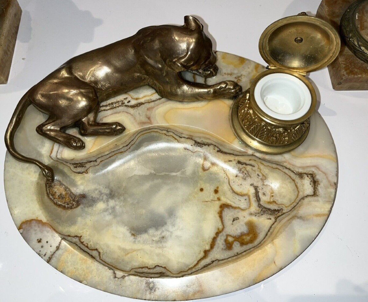 Georges Guyot (paris 1885-1973) "lioness At La Toilette" Bronze/marble Writing Desk Signed-photo-6