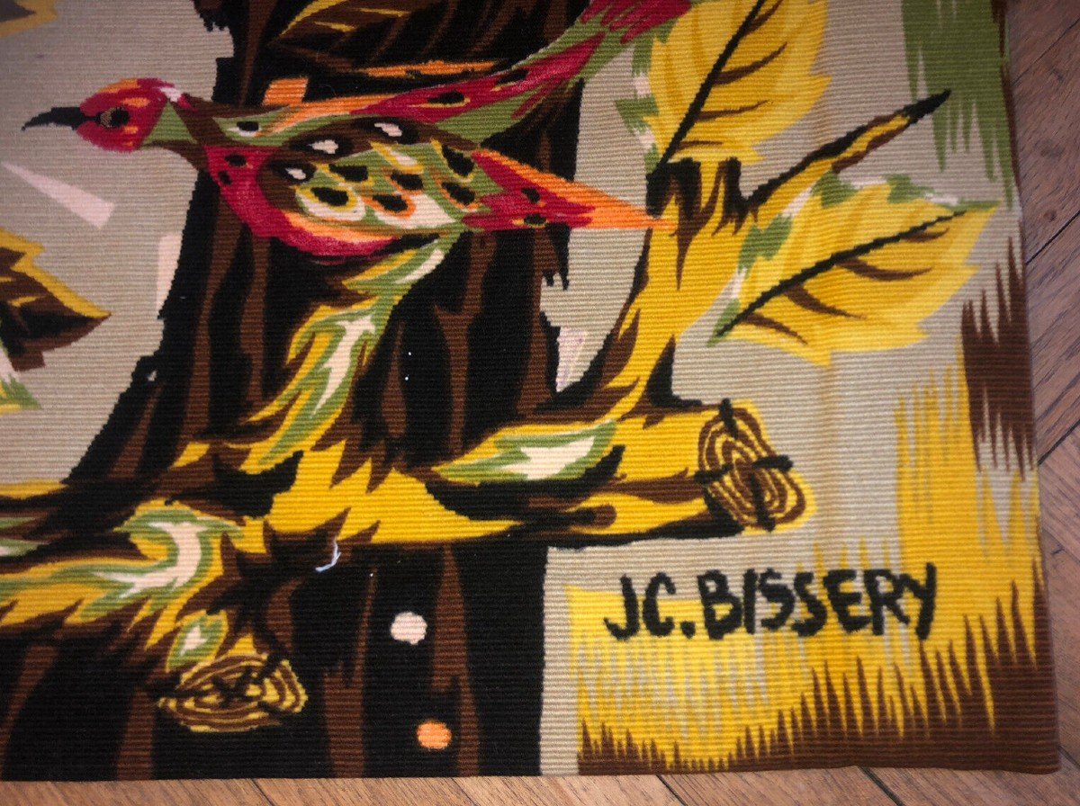 Jean Claude Bissery (20th). Birds In Autumn. Signed Tapestry. 106 X 178-photo-3