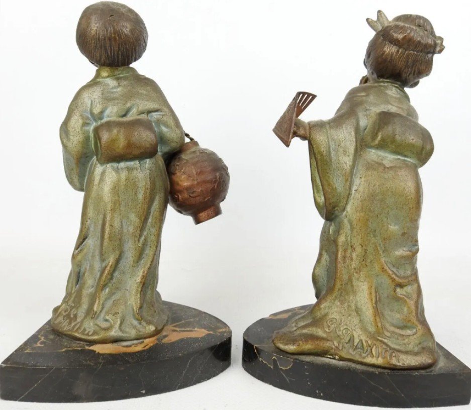 Geo Maxim (20th Century) Bookends In Polychrome Regulates Depicting Asian Children Signed-photo-3