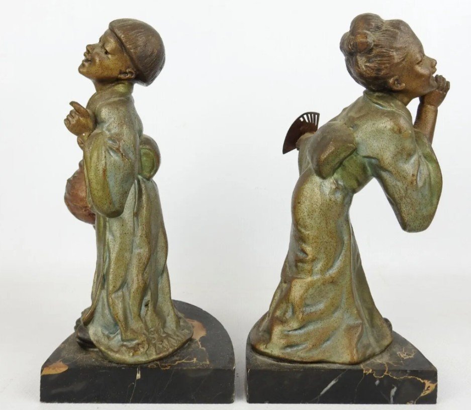 Geo Maxim (20th Century) Bookends In Polychrome Regulates Depicting Asian Children Signed-photo-4